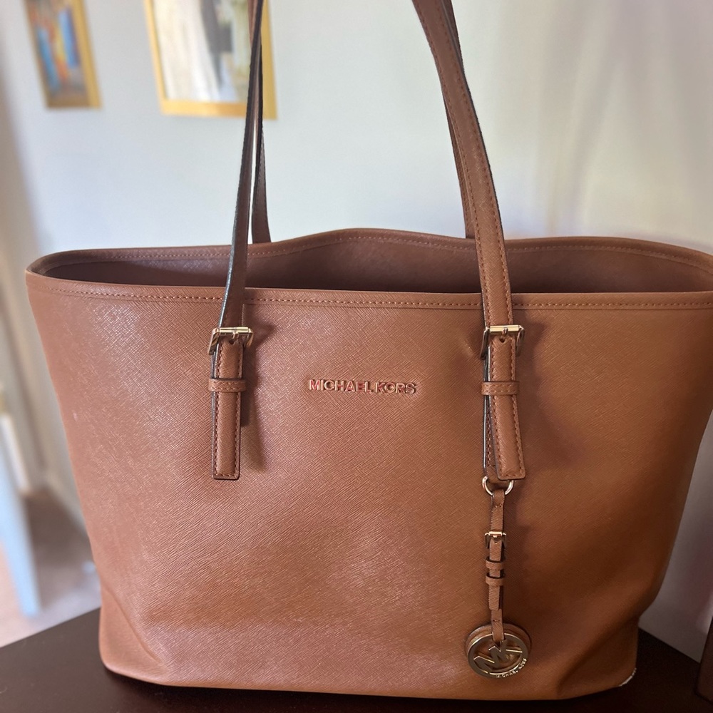 Michael Kors Genuine Saffiano Leather Jet Set Laptop Tote, Luggage/Cognac